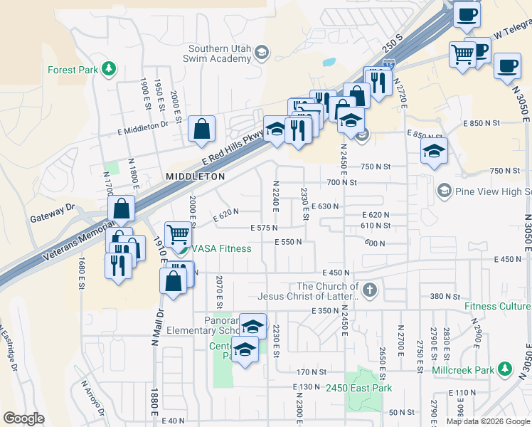 map of restaurants, bars, coffee shops, grocery stores, and more near 610 N 2200 E in St George