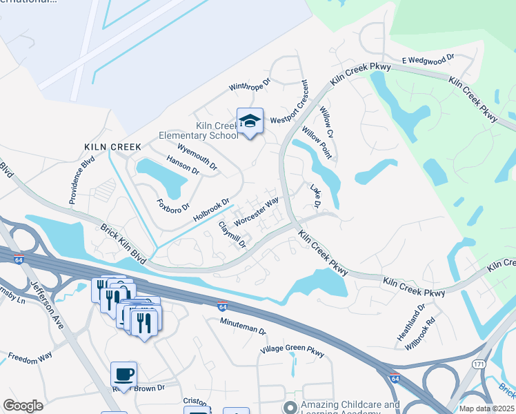 map of restaurants, bars, coffee shops, grocery stores, and more near 2266 Timberneck Lane in Newport News