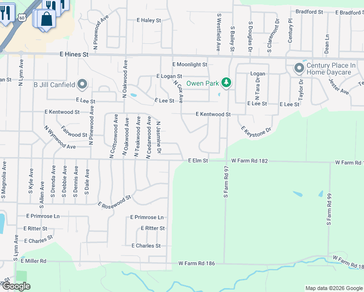 map of restaurants, bars, coffee shops, grocery stores, and more near 2214 East Foxborough Drive in Republic