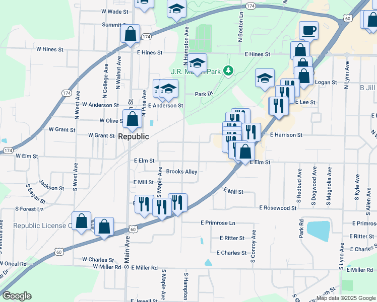 map of restaurants, bars, coffee shops, grocery stores, and more near 120 North Hampton Avenue in Republic