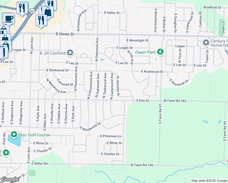 map of restaurants, bars, coffee shops, grocery stores, and more near 119 North Jasmine Drive in Republic