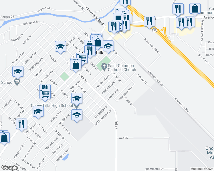 map of restaurants, bars, coffee shops, grocery stores, and more near 312 Alameda Avenue in Chowchilla