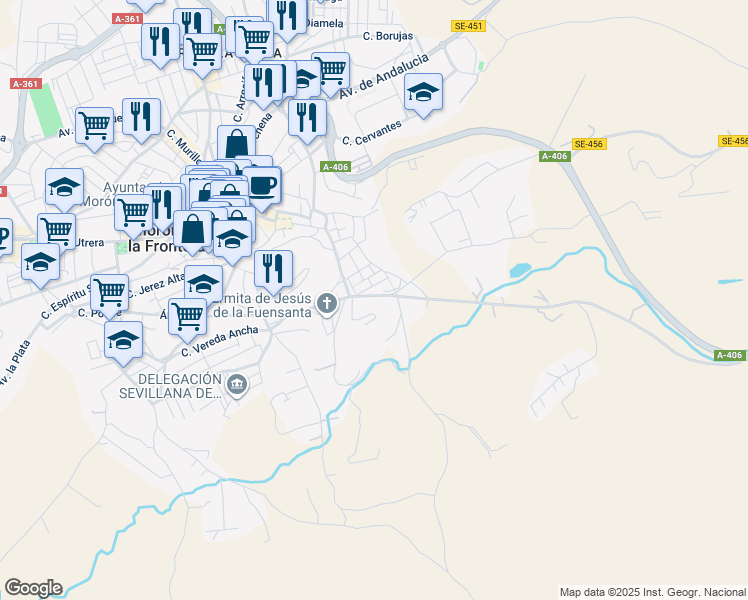 map of restaurants, bars, coffee shops, grocery stores, and more near 106 Calle Fuensanta in Morón de la Frontera
