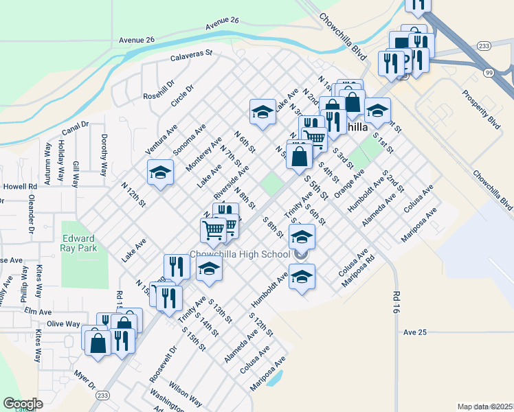 map of restaurants, bars, coffee shops, grocery stores, and more near 720 Robertson Boulevard in Chowchilla