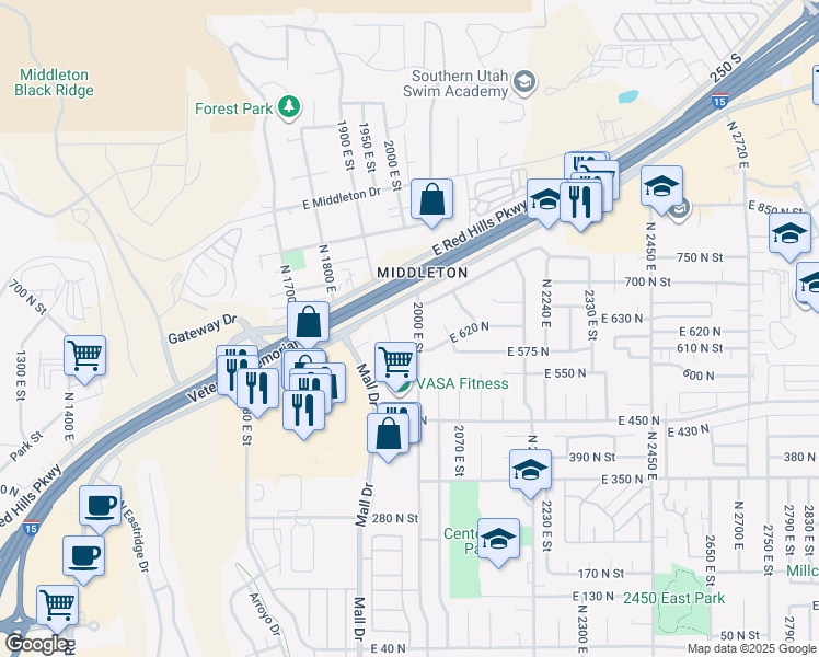 map of restaurants, bars, coffee shops, grocery stores, and more near 639 North 2000 East in St. George