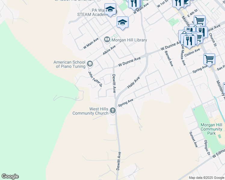 map of restaurants, bars, coffee shops, grocery stores, and more near 600 Price Drive in Morgan Hill