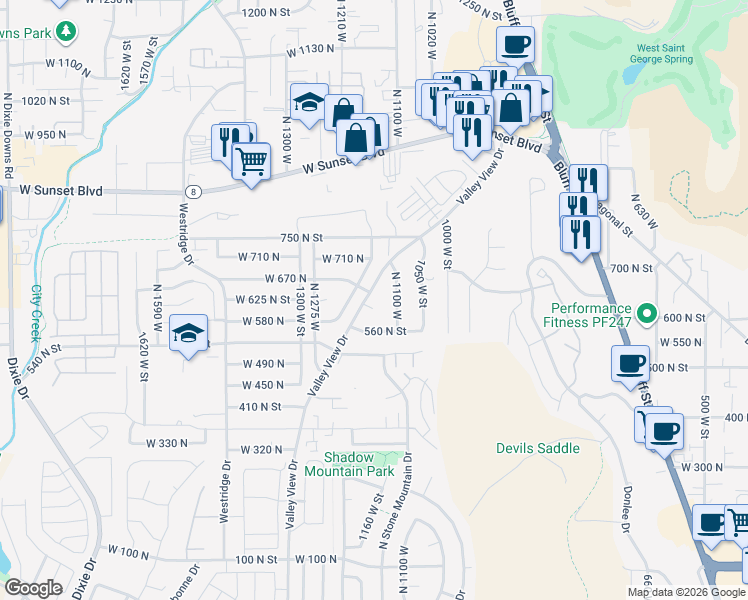 map of restaurants, bars, coffee shops, grocery stores, and more near 1162 West 610 North Circle in St. George