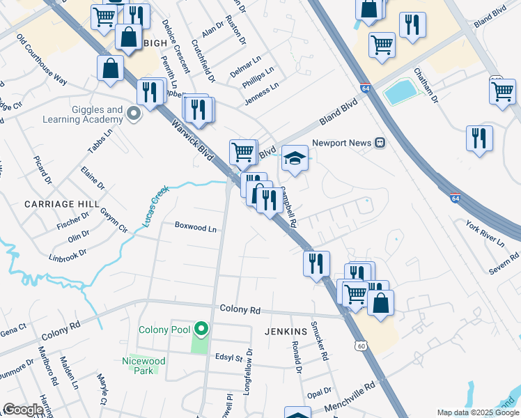 map of restaurants, bars, coffee shops, grocery stores, and more near 13667 Warwick Boulevard in Newport News