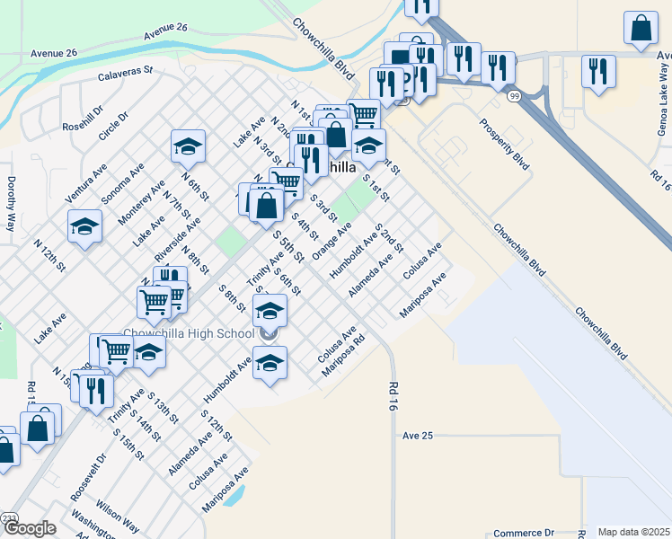 map of restaurants, bars, coffee shops, grocery stores, and more near 406 Humboldt Avenue in Chowchilla