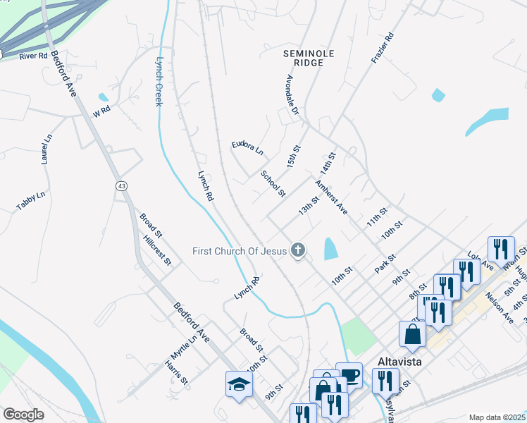map of restaurants, bars, coffee shops, grocery stores, and more near 710 14th Street in Altavista