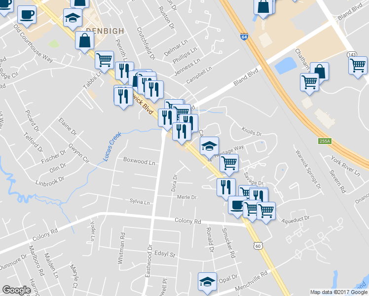 map of restaurants, bars, coffee shops, grocery stores, and more near 13659 Warwick Blvd in Newport News