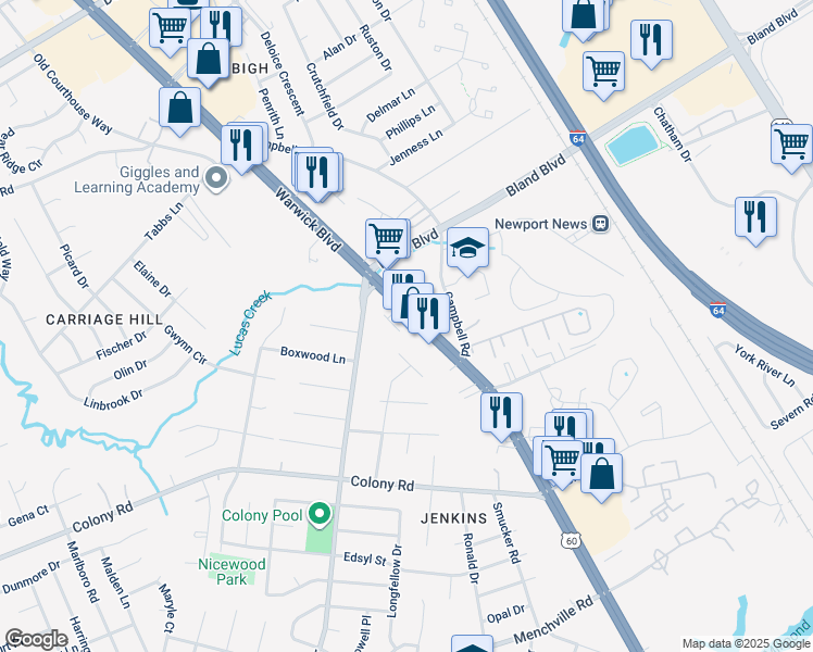 map of restaurants, bars, coffee shops, grocery stores, and more near 13641 Warwick Boulevard in Newport News