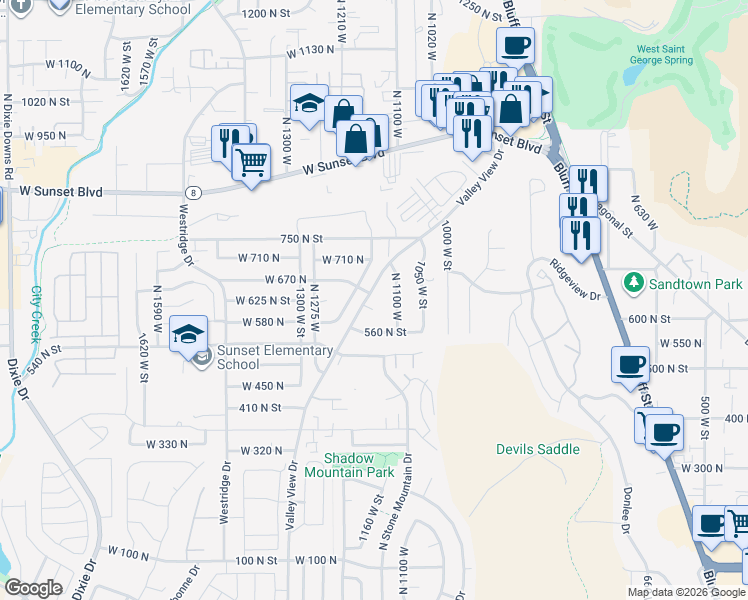 map of restaurants, bars, coffee shops, grocery stores, and more near 1162 West 610 North Circle in St. George