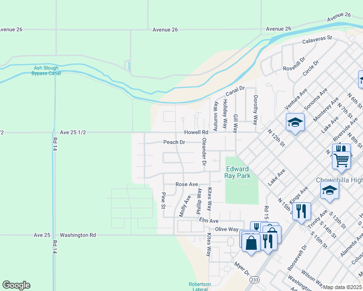 map of restaurants, bars, coffee shops, grocery stores, and more near 533 Peach Drive in Chowchilla
