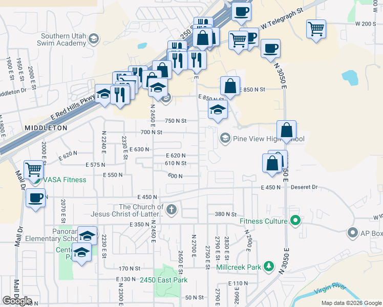map of restaurants, bars, coffee shops, grocery stores, and more near 2621 East 620 North in St. George