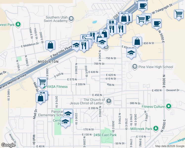 map of restaurants, bars, coffee shops, grocery stores, and more near 2370 East 630 North in St. George