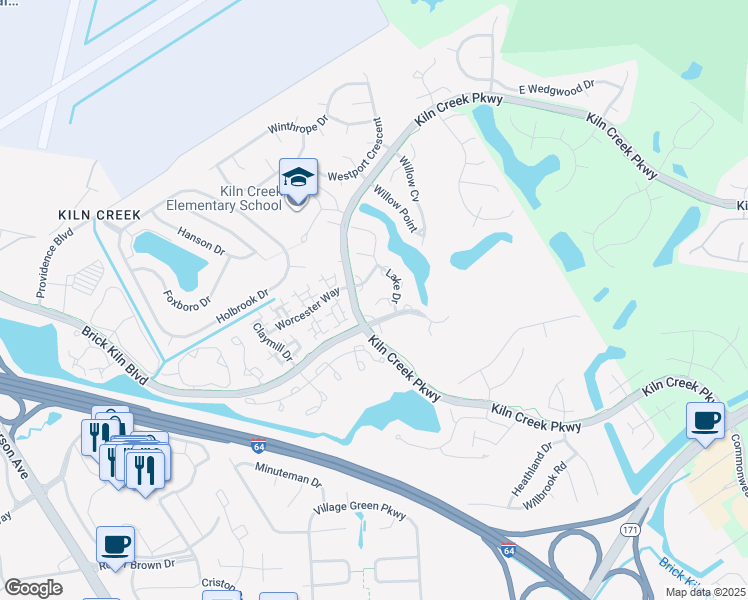 map of restaurants, bars, coffee shops, grocery stores, and more near 1209 Mill Pond Court in Newport News