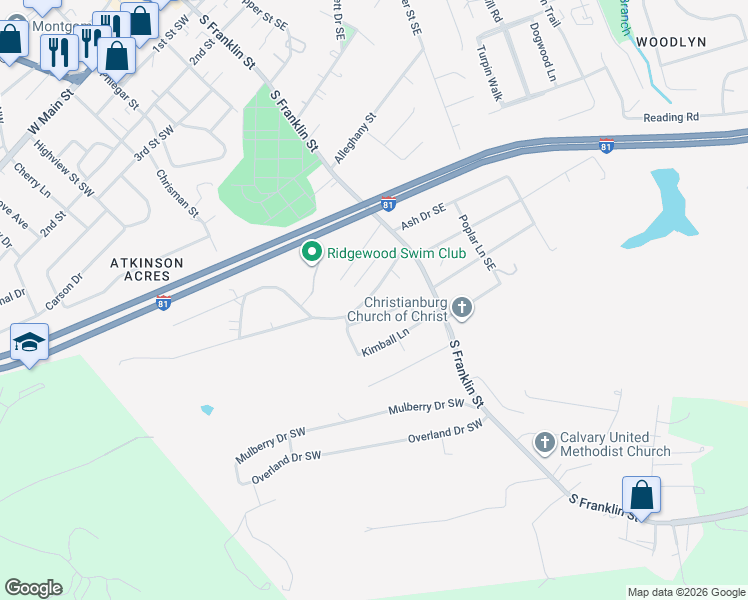 map of restaurants, bars, coffee shops, grocery stores, and more near 170 Summit Ridge Road Southwest in Christiansburg