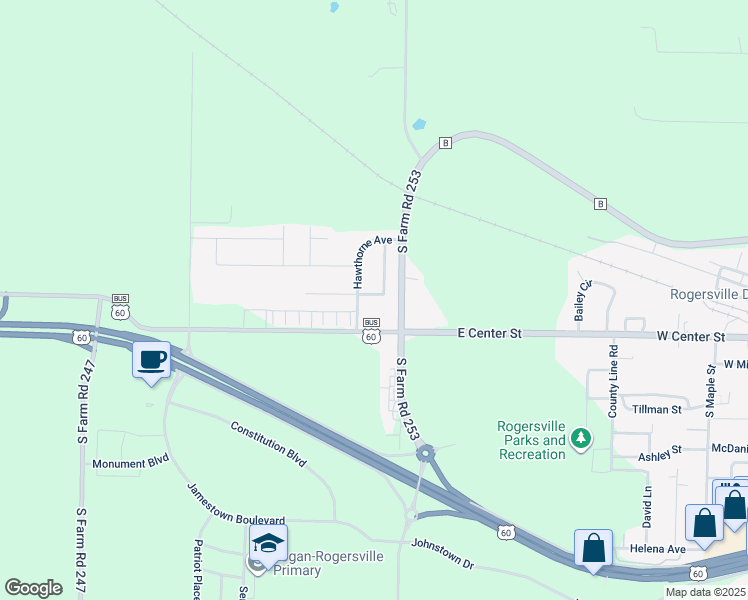 map of restaurants, bars, coffee shops, grocery stores, and more near 707 Olive Street in Rogersville