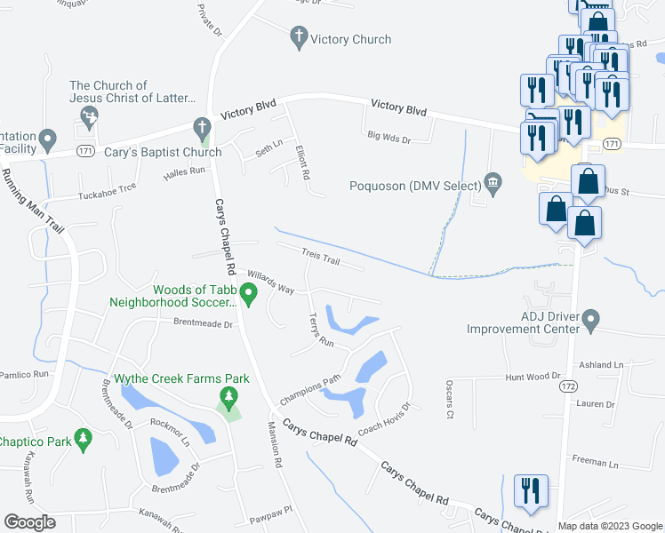 map of restaurants, bars, coffee shops, grocery stores, and more near 201 Treis Trail in Yorktown