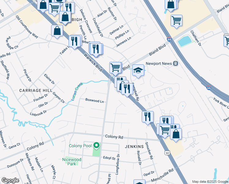 map of restaurants, bars, coffee shops, grocery stores, and more near 101 River Trace Way in Newport News