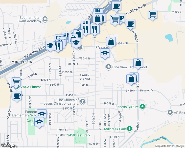 map of restaurants, bars, coffee shops, grocery stores, and more near 2621 East 620 North in St. George