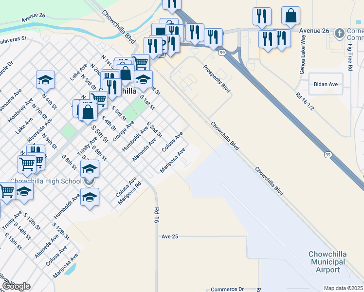 map of restaurants, bars, coffee shops, grocery stores, and more near 108 Mariposa Avenue in Chowchilla