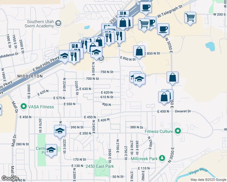 map of restaurants, bars, coffee shops, grocery stores, and more near 2627 East 620 North in St. George
