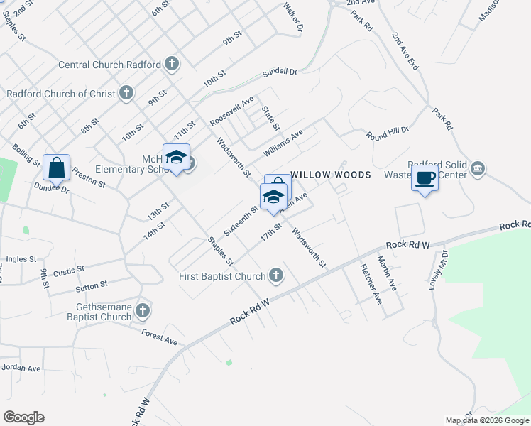 map of restaurants, bars, coffee shops, grocery stores, and more near 1600-1606 Wadsworth Street in Radford