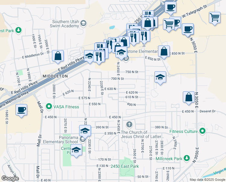 map of restaurants, bars, coffee shops, grocery stores, and more near 2414 East 630 North in St. George