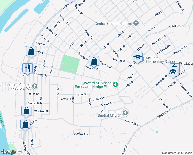 map of restaurants, bars, coffee shops, grocery stores, and more near 905 Pendleton Street in Radford