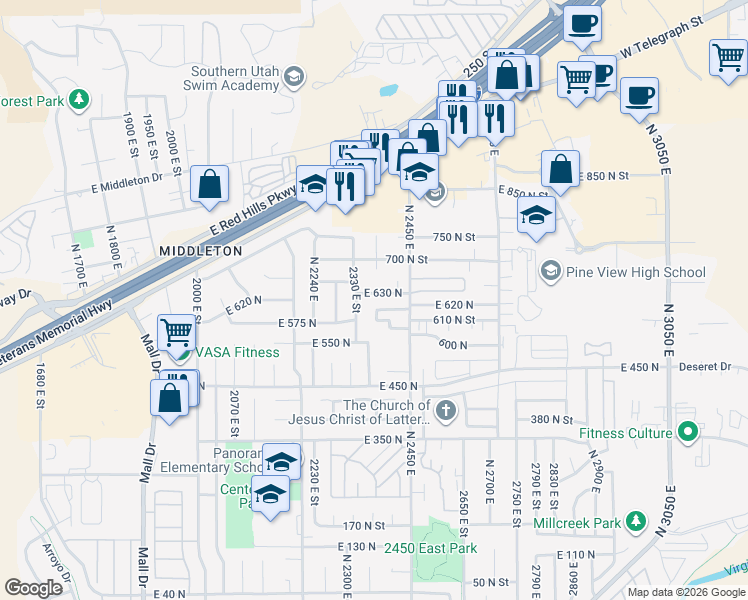 map of restaurants, bars, coffee shops, grocery stores, and more near 2370 East 630 North in St. George