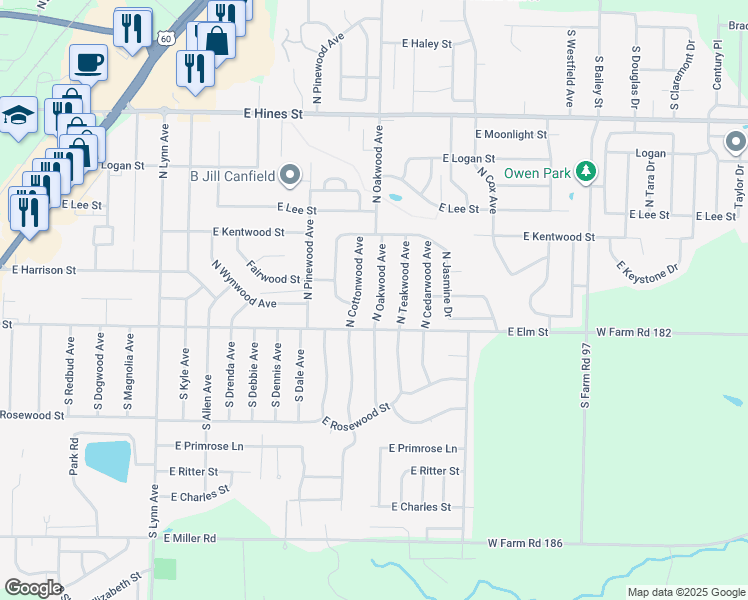 map of restaurants, bars, coffee shops, grocery stores, and more near 117 N Oakwood Ave in Republic