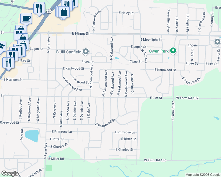 map of restaurants, bars, coffee shops, grocery stores, and more near 117 North Oakwood Avenue in Republic