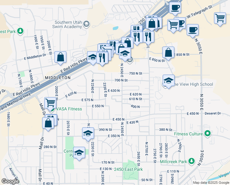 map of restaurants, bars, coffee shops, grocery stores, and more near 2398 East 630 North in St. George