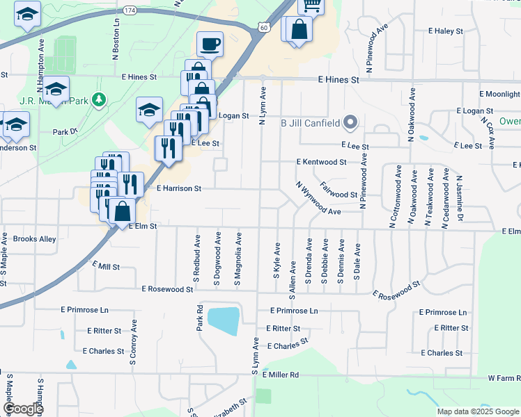 map of restaurants, bars, coffee shops, grocery stores, and more near 198 North Lynn Avenue in Republic