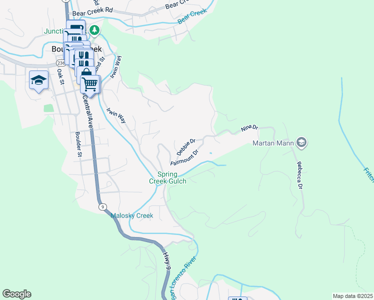 map of restaurants, bars, coffee shops, grocery stores, and more near 550 Debbie Drive in Boulder Creek