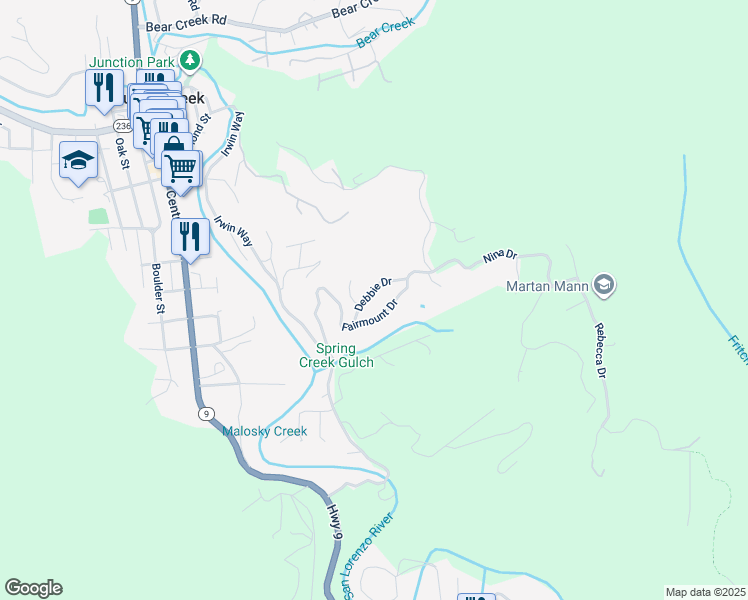 map of restaurants, bars, coffee shops, grocery stores, and more near 550 Debbie Drive in Boulder Creek