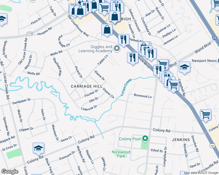 map of restaurants, bars, coffee shops, grocery stores, and more near 107 Elaine Drive in Newport News