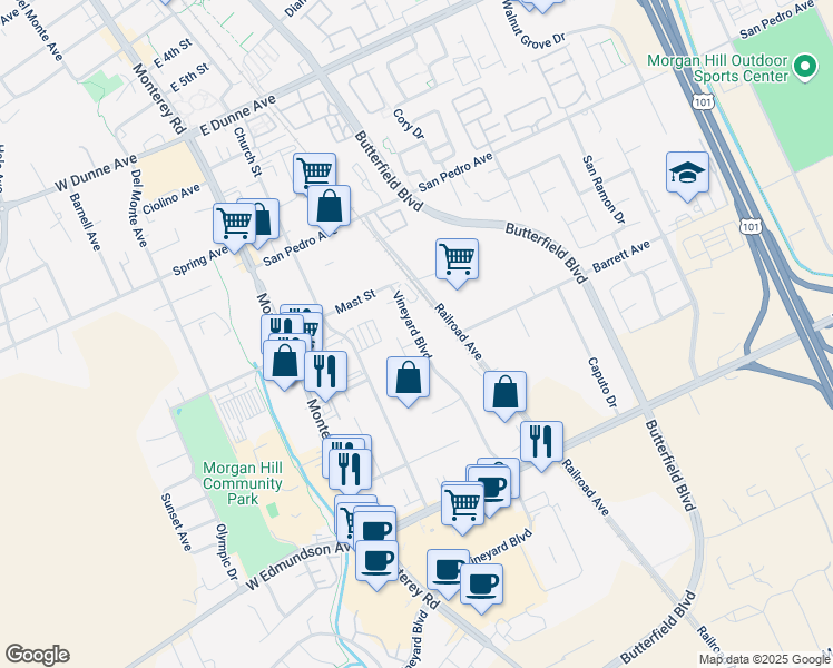 map of restaurants, bars, coffee shops, grocery stores, and more near 16635-16699 Vineyard Blvd in Morgan Hill