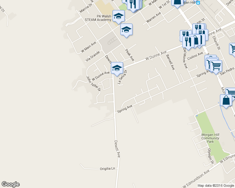 map of restaurants, bars, coffee shops, grocery stores, and more near 600 Price Drive in Morgan Hill