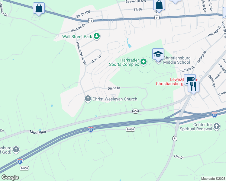 map of restaurants, bars, coffee shops, grocery stores, and more near 1630 Diana Drive in Christiansburg