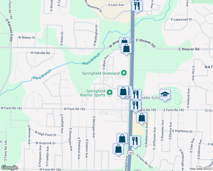 map of restaurants, bars, coffee shops, grocery stores, and more near 5233 South Campbell Avenue in Springfield
