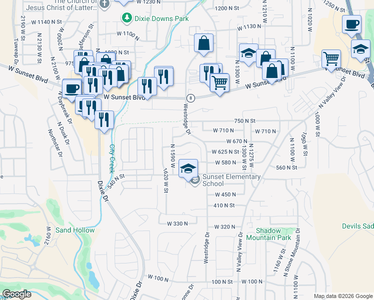 map of restaurants, bars, coffee shops, grocery stores, and more near 1530 West 610 North in St. George