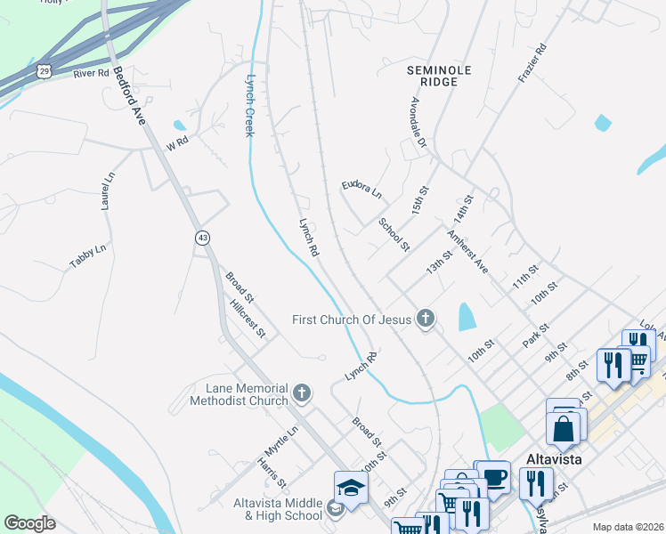 map of restaurants, bars, coffee shops, grocery stores, and more near 1221 Lynch Road in Altavista