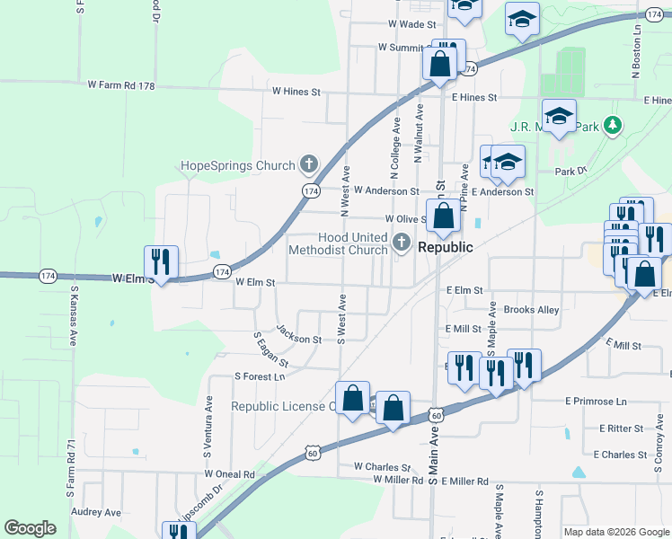 map of restaurants, bars, coffee shops, grocery stores, and more near 421 West Elm Street in Republic