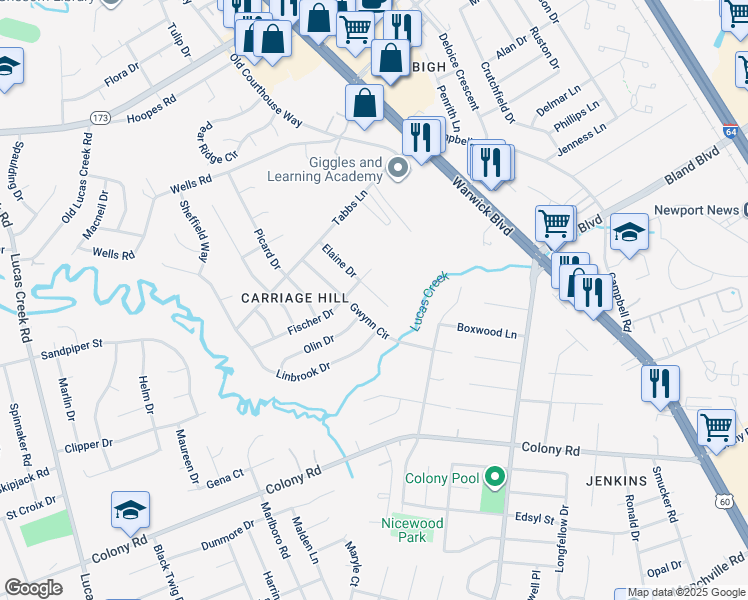 map of restaurants, bars, coffee shops, grocery stores, and more near 107 Elaine Drive in Newport News