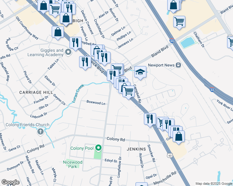 map of restaurants, bars, coffee shops, grocery stores, and more near 101 River Trace Way in Newport News