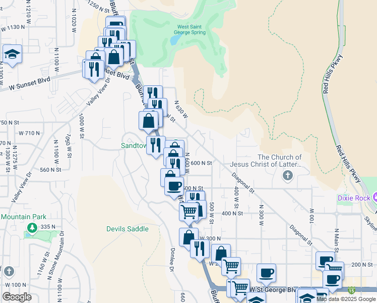 map of restaurants, bars, coffee shops, grocery stores, and more near 646 North 600 West in St. George