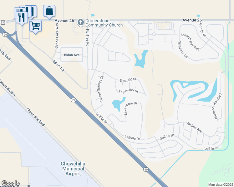 map of restaurants, bars, coffee shops, grocery stores, and more near 7360 Edgewater Street in Chowchilla
